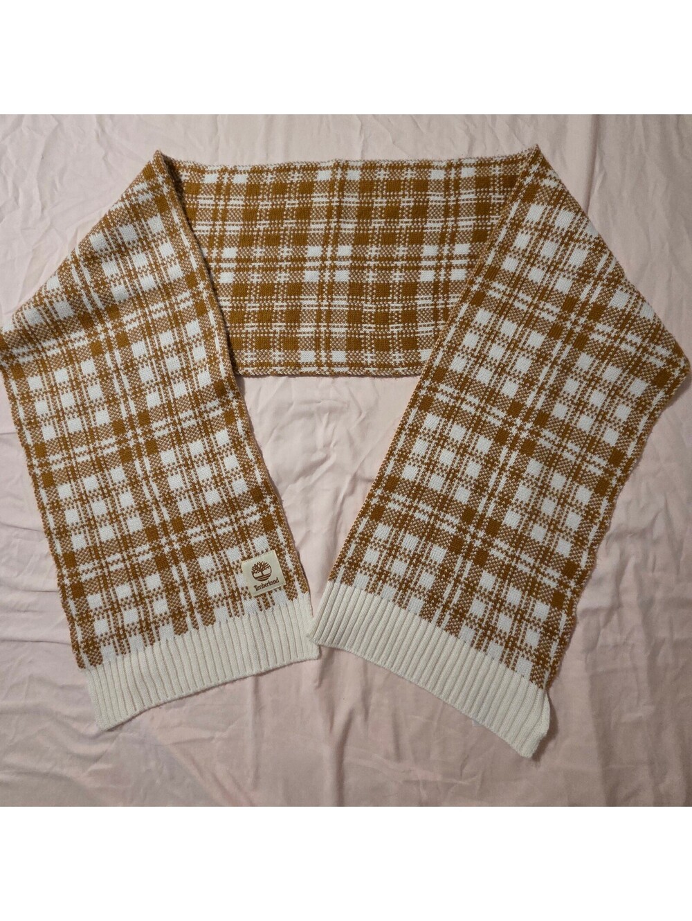 Timberland Brown and White Plaid Knit Scarf
